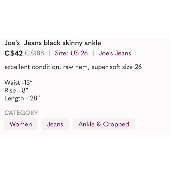 Joe's Jeans Black Skinny Ankle Denim Size 27 Raw Hem Stretch Sleek Fit - Picture 5 of 5